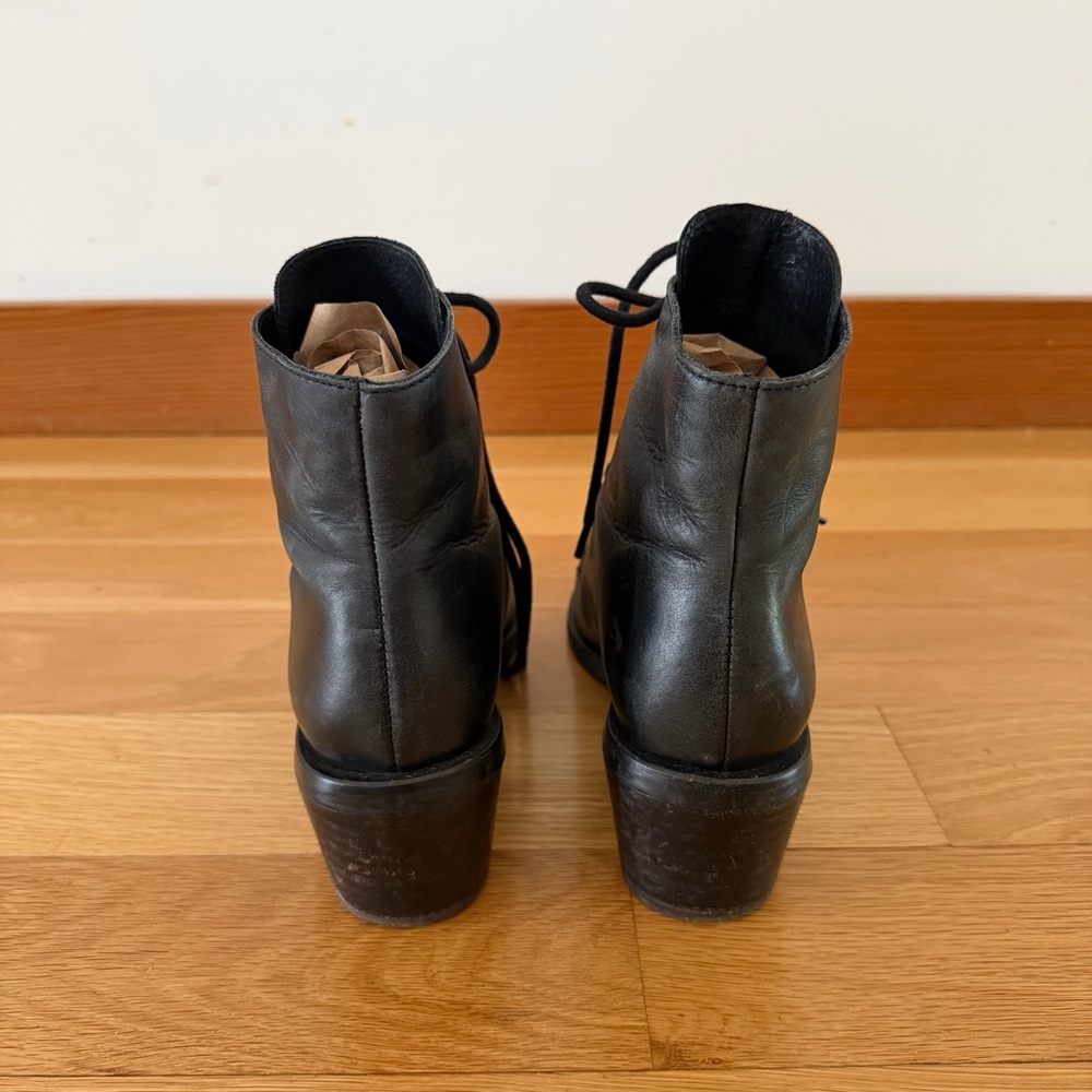 Black Leather Lace Up Ankle Boots - Picture 3 of 12